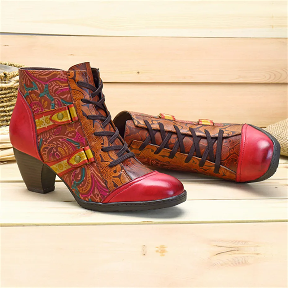 Spanish Retro Style Women Ankle Boots Fashion Handmade Genuine Leather Thick Heels LadIes Shoes Comfortable Ethnic Women's boots (7)