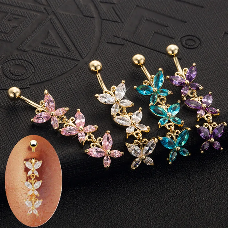 

New Reverse Belly Ring Dangle Clear Navel Bar Gold Dangle Body Jewelry Piercing