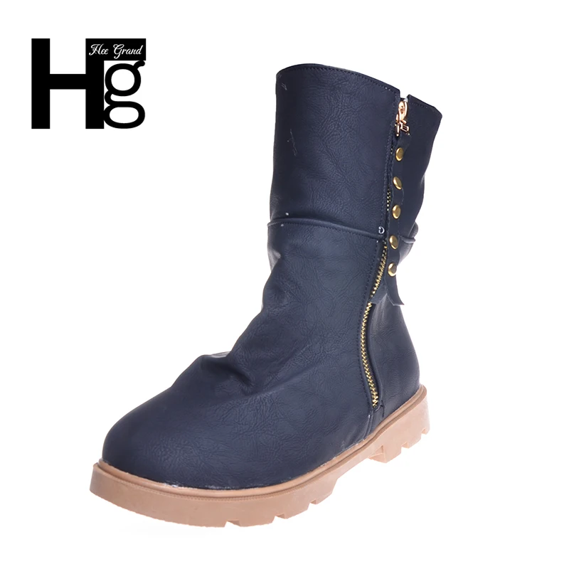 

HEE GRAND Women Short Ankle Boots Winter Warm Fur Woman Boots Round Toe Zip Closed Turn Over Pattern Flat Riding Shoes XWX3943