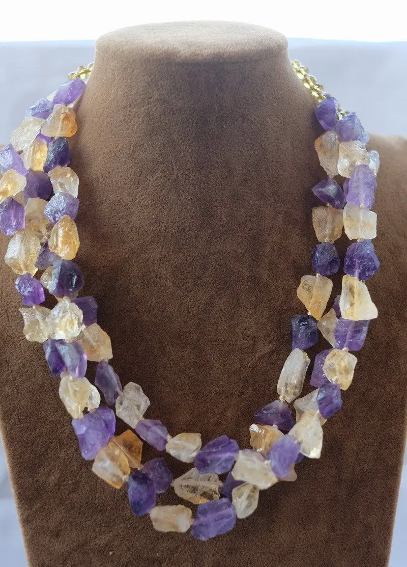 

Natural crystal 3strds Natural Amethyst&Citrine Rough Necklace
