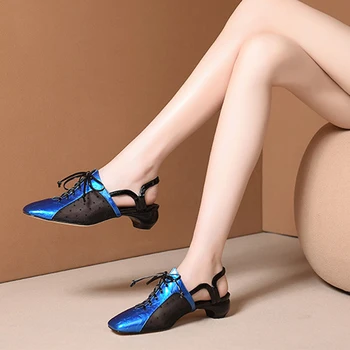 

Summer Women's Sandals Med Heels Comfortable Soft Rubber Genuine Leather Leisure Retro Squar Toe Handmade Shoes For Women 2019