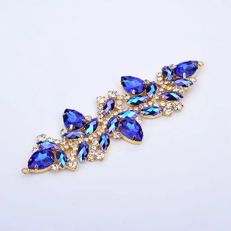 JUNAO 4.5x14cm 로즈 레드 블루 AB 크리스탈 체인 라인 석 커넥터 꽃 유리 Strass Applique 비키니 브래지어 스트랩 트림 DIY