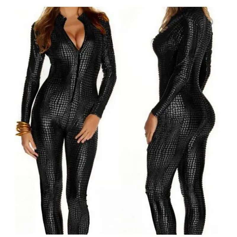 

CFYH 2018 New Sexy Long Sleeve For Women Vinyl Leather Hot Sale Black Sliver Gold Sexy Leather Bodysuit Catwoman Cosplay Costume