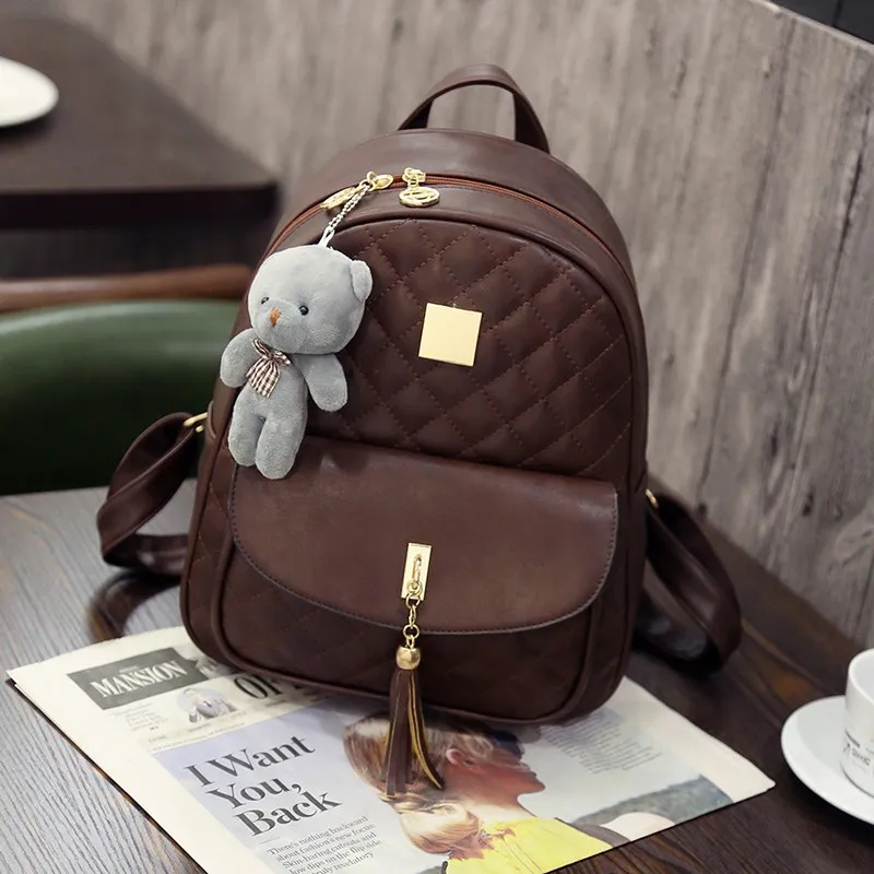 New Arrival 3pcsset Small Bear Pendant Girls Schoolbag PU Tassel Women Backpack Double Zipper Women Bag Vintage Backpack Bag (14)