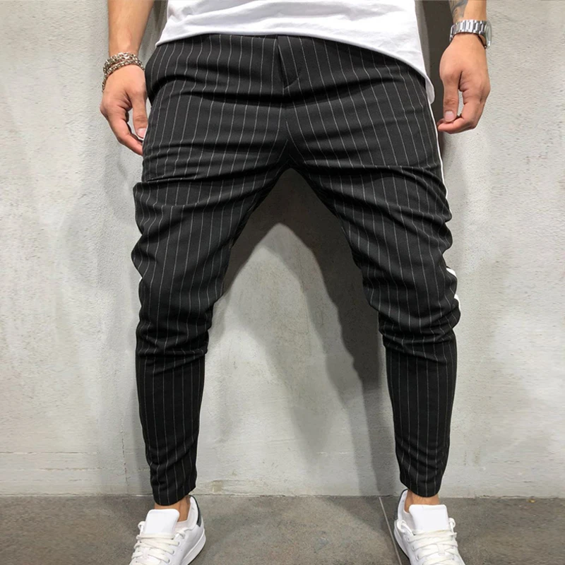 

2019 New Mens Skinny Slim Fit Bottom Stripe Casual Hip Hop Trousers With Pockets Fashion Men's Jogger Fitness Pencil Pants