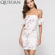QIUXUAN Summer Short Sleeve Off Shoulder Dress Fashion Ruffles Layer Sleeve Floral Print Mini Dress Women Bardot Bodycon Dress