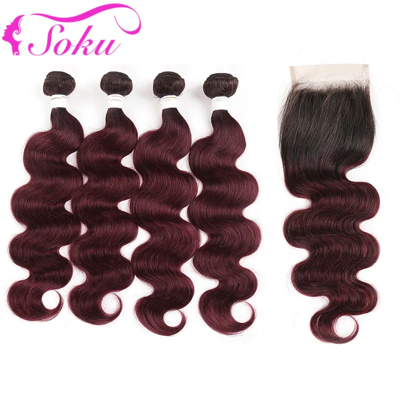 

Brazilian Human Hair Bundles With Lace Closure 4x4 SOKU Human Hair Weave With Closure Non-Remy Body Wave Hair Weaving