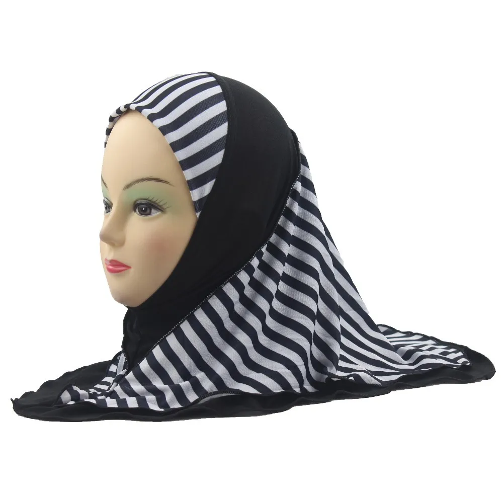 Мусульманский хиджаб для девочек, исламский шарф в арабском стиле, шали в полоску, двухслойные, около 45 см - Цвет: Black