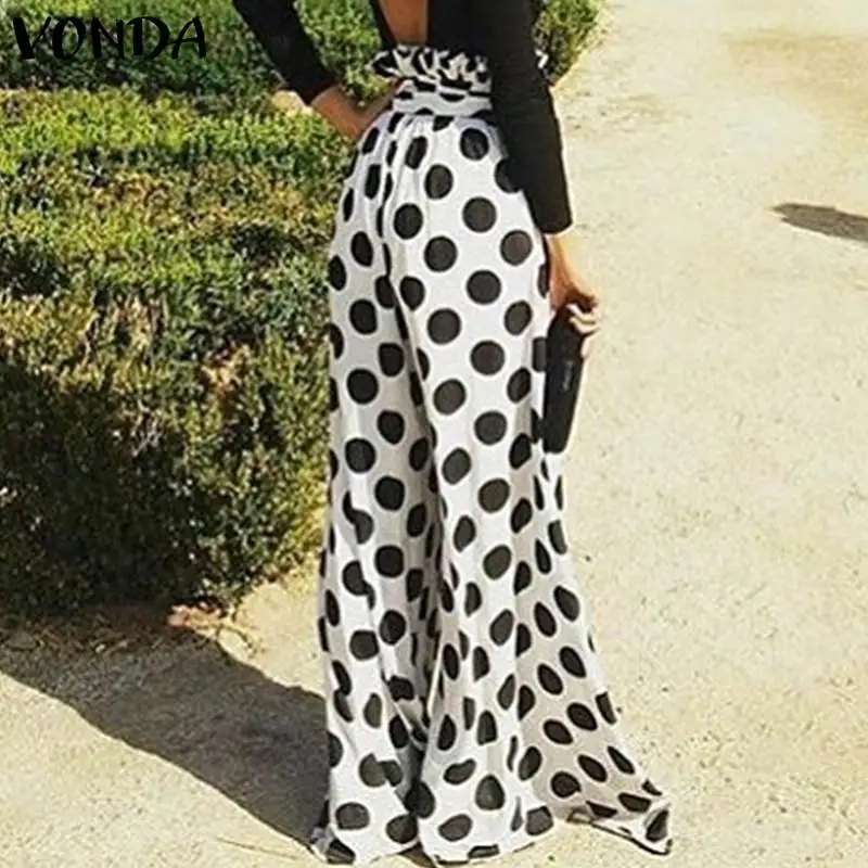 

VONDA Plus Size Women Dot Printed Wide Leg Pants 2019 Summer Sexy Vintage Office Ladies Long Pants Casual Trousers Loose Bottom