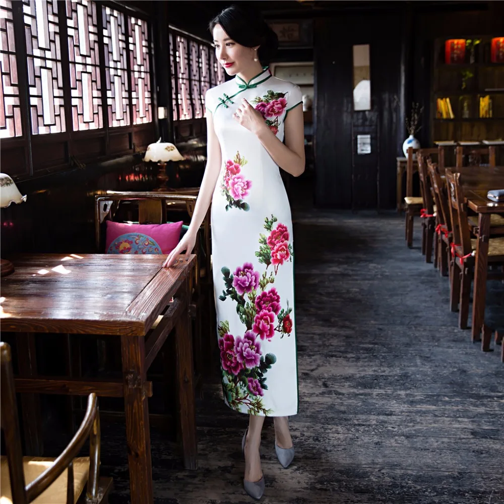 Шанхай история китайский платья китайское традиционное платье черный, белый цвет Long Qipao Cheongsam платье из искусственного шелка цветочный