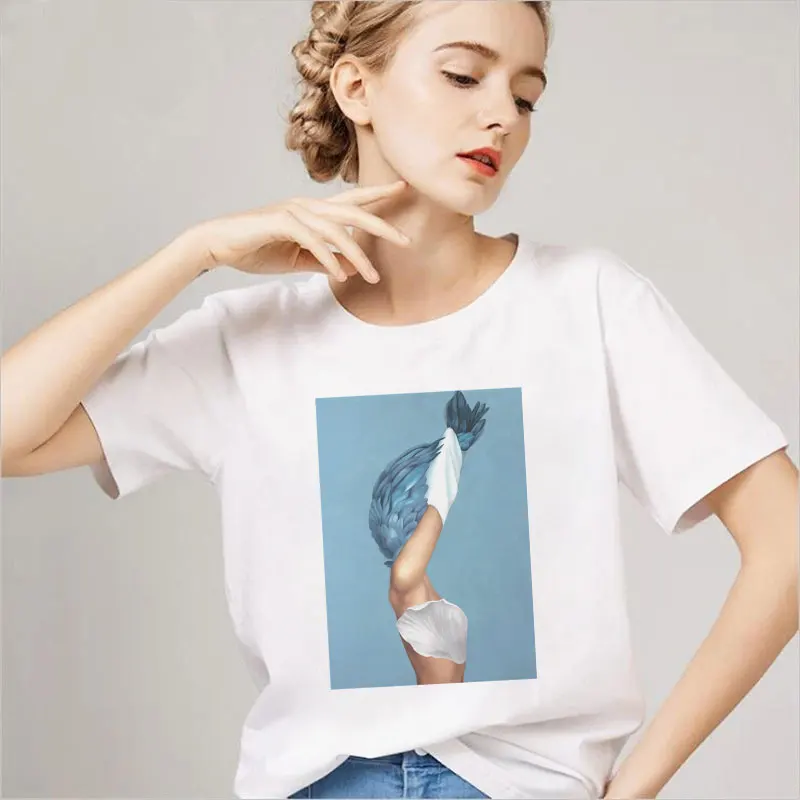 Harajuku эстетическое Искусство девушки картина маслом Графические футболки для женщин Летняя мода Винтаж Vogue футболка сексуальные цветы футболки с перьями Топы - Цвет: 1656