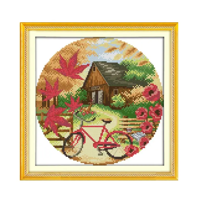 

Autumn Scenery Landscape Series Cross Stitch Kit Golden Autumn Leafy Countryside Cabin Manual Sewing Embroidery