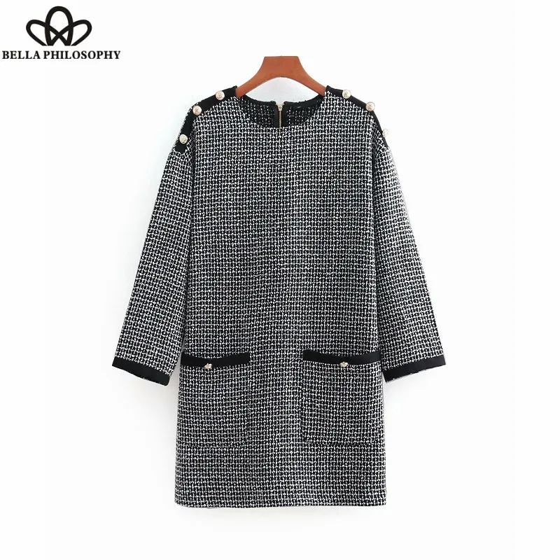 Wonder 2018 autumn vintage three quarter sleeve buttons decoration tweed mini dress elegant chic vestidos casual patchwork dress