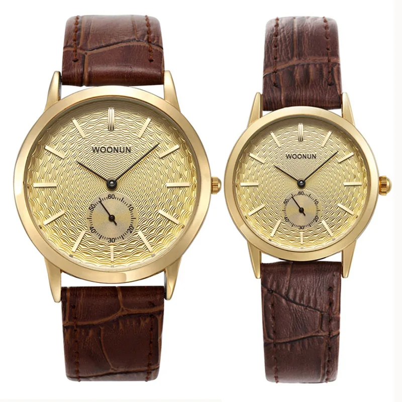 WOONUN Top Luxury Brand Couple Watches For Lovers Genuine Leather Strap