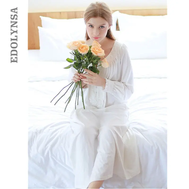 

2019 New Fashion Elegant Sleepwear Mandarin Collar Lantern Sleeve Solid White Cotton Home Dress Casula Long Nightgown Women T97