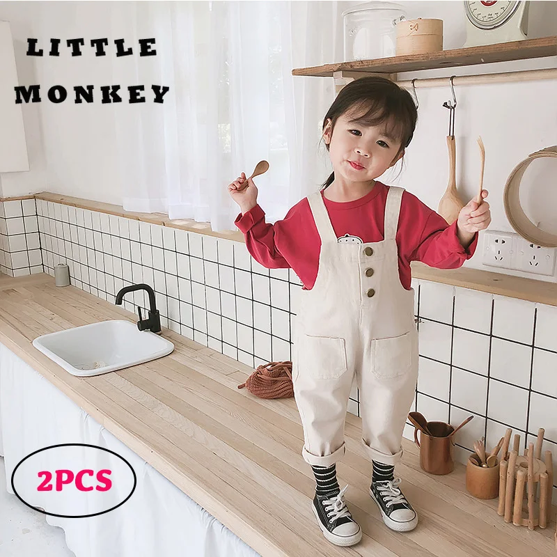

Baby Overalls+Sweatshirt Solid Spring Jumpsuit Girl Straight Loose Kid Clothing Baby Girl Causal Button Overalls Jumpsuit Girls