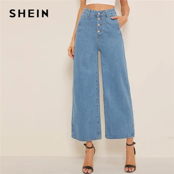 

SHEIN Blue Button Fly Loose Wide Leg Denim Jeans Women Summer Autumn Solid High Waist Crop Casual High Street Ladies Jeans