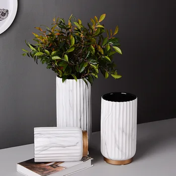 

Nordic Marble Pattern Vases Ceramic Flower Pots with Golden Rim for Home Office Wedding Restaurant Desktop Bathroom Decor