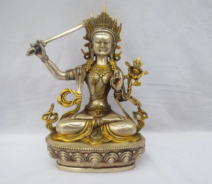

Antique antiques Collectible Decorated Old Handwork 8.5InchTibet Silver Carved Gold gilt Knife Buddha Statue/Buddhist sculpture