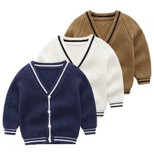 Милая одежда для маленьких детей вязаный кардиган для мальчиков и девочек, свитер Детская верхняя одежда из хлопка в английском стиле на весну и осень для мальчиков