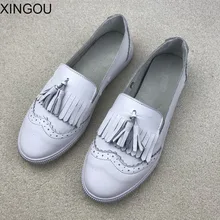 Xingou Пояса из натуральной кожи женская обувь на плоской подошве Летние повседневные лоферы-мокасины для женщин в сдержанном стиле на плоской подошве Женская мода бахрома квартиры