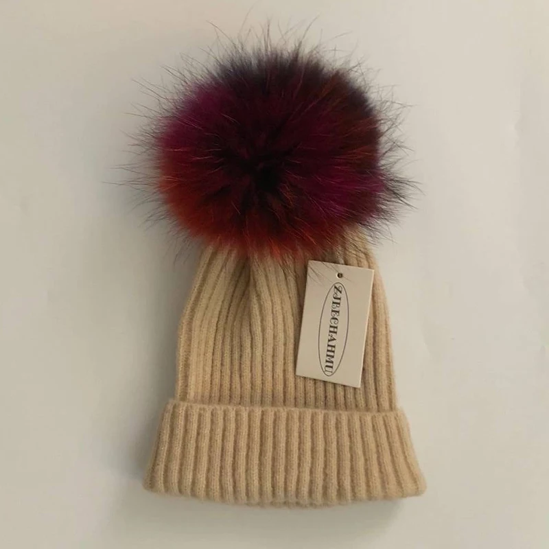 Повседневные помпоны из натурального Лисьего меха и норки, 15 см, Skullies Beanies, шапки для женщин и девушек, зимние шерстяные теплые шапки Skullies Beanies, шапки, Новые шапки - Color: Children Beige