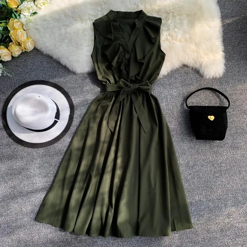 Neploe женское платье с оборками,, корейское летнее платье без рукавов с v-образным вырезом, однотонное платье до колена, 43087 - Цвет: green