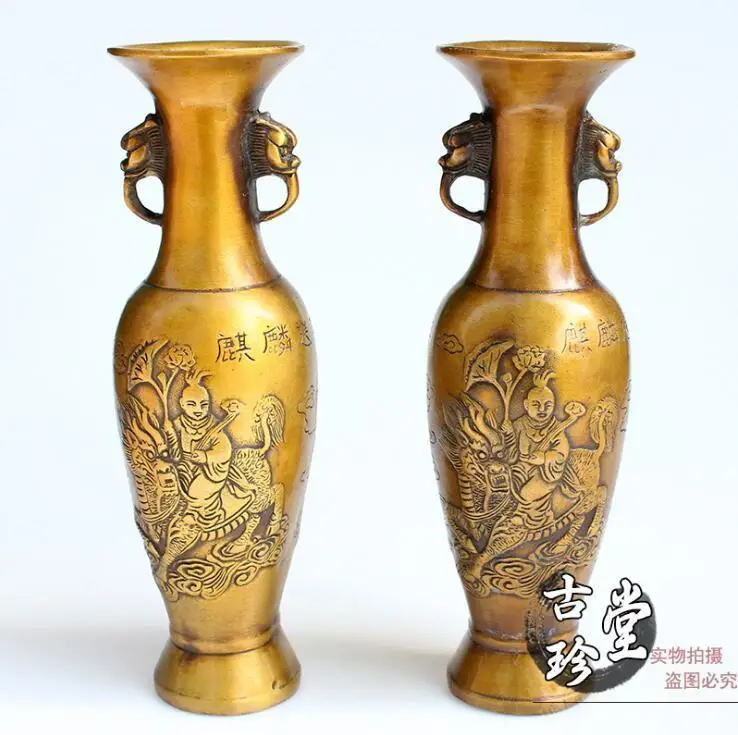 

Delicate Chinese Royal Brass Manual Kirin and Children Pattern A Pair of Vase