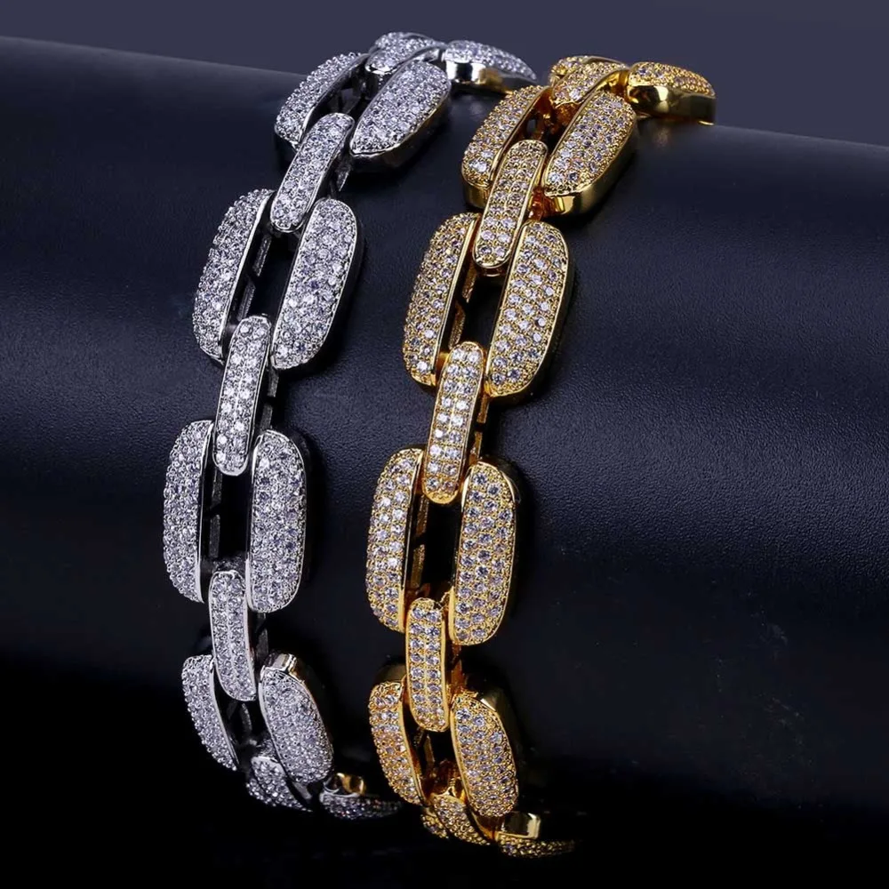 TOPGRILLZ хип хоп золото/серебро Цвет Iced Out микро проложить браслет с камнями циркона медь кубинская цепь Ссылка 15 мм браслеты 20,5 см длинные