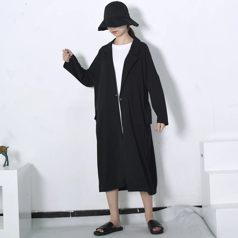 [EAM] Весенняя Новая модная клетчатая длинная куртка с отложным воротником Свободное пальто с длинным рукавом Женская куртка YC138