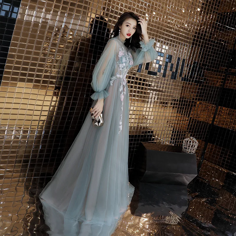 

O-neck Evening Dress Special Appliques A-line Flowers Formal Prom Dresses Back Lace Up Bow Lantern Sleeve Long Party Gown E084