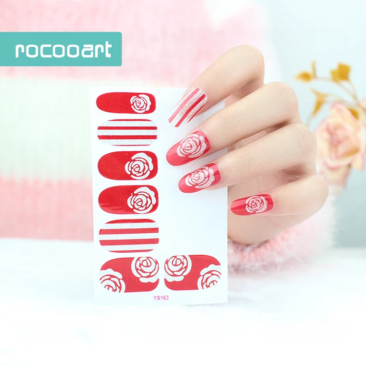 Rocooart Ys163-170 цветы с блестками клей наклейки для ногтей Красный Цветок Любовь украшения для ногтей маникюр Фольга искусство наклейки для женщин
