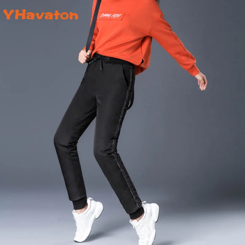 Black Silver YHavaton размера плюс, новинка, зимние женские штаны, повседневные, в полоску, с эластичной талией, теплые, для улицы, брюки, женские штаны - Цвет: Black Silver