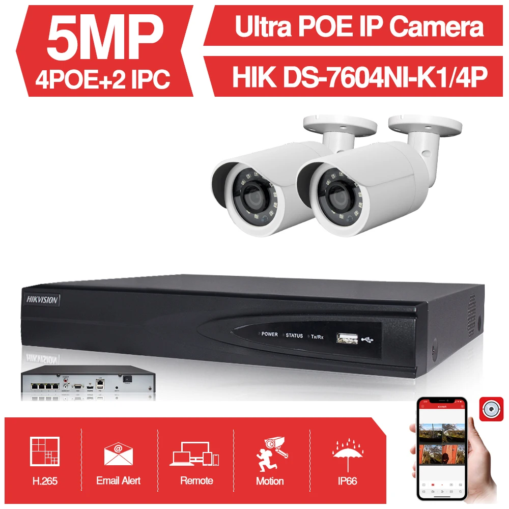 4CH CCTV системы 2 шт. ультра 5MP наружная камера видеонаблюдения с питание по сети еthernet с Hikvision 4 POE NVR DS-7604NI-K1/4 P DIY комплекты видеонаблюдения