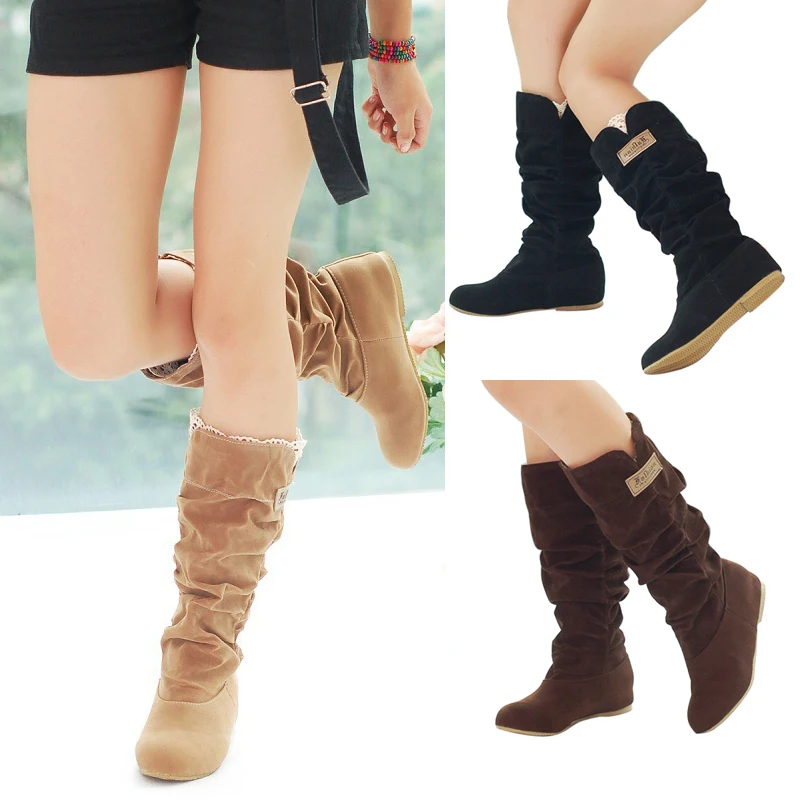 

HEFLASHOR Women Mid-boots hollow Boots Winter fashion Flat Bottom Shoes cotton thread hook lace scrub fold Boots bottes femme