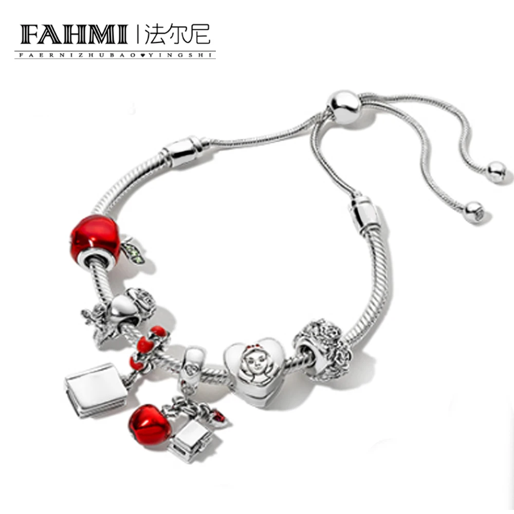 

FAHMI 100% 925 Sterling Silver Christmas Fairy Tales Charm Apple Bird Book Bracelet Set Original Jewelry Gift Adjustable