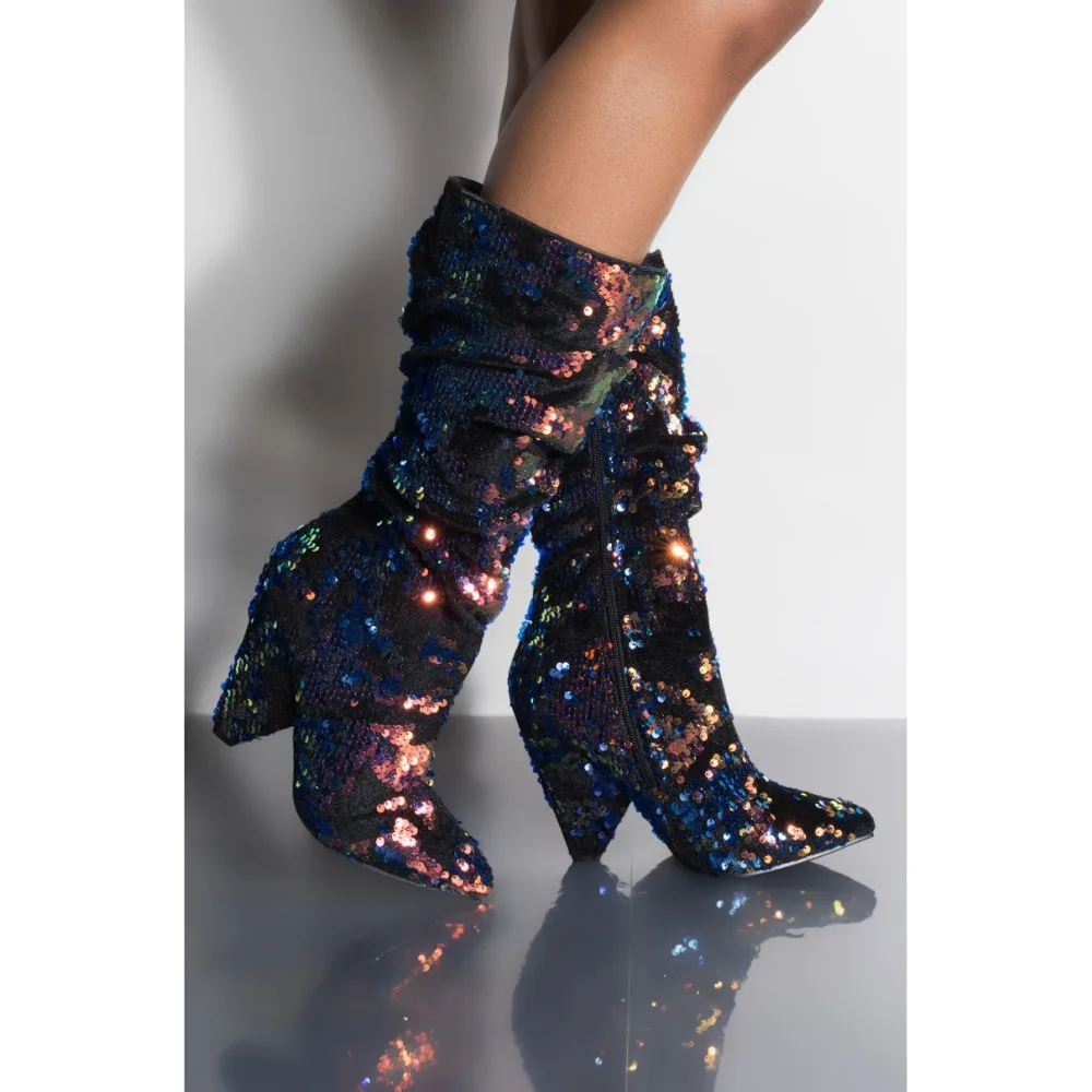 Fashion Bling Bling Glitter Cone Heeled Boots Luxury Sequin Pleated