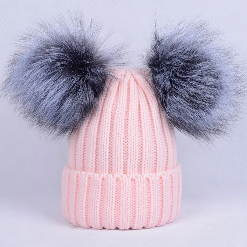 Женская зимняя модная шапка с двумя большими помпонами из серебристого лисьего