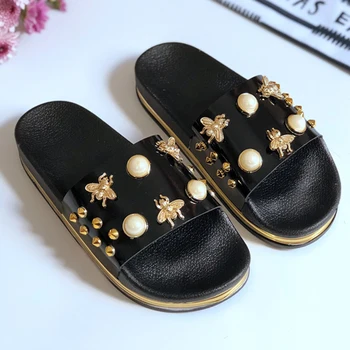 

Vogue New Women Slippers Flat Casual Women Shoes Slip On Slides Beach Slippers Sandals Fashion Rivets Pearl Slippers