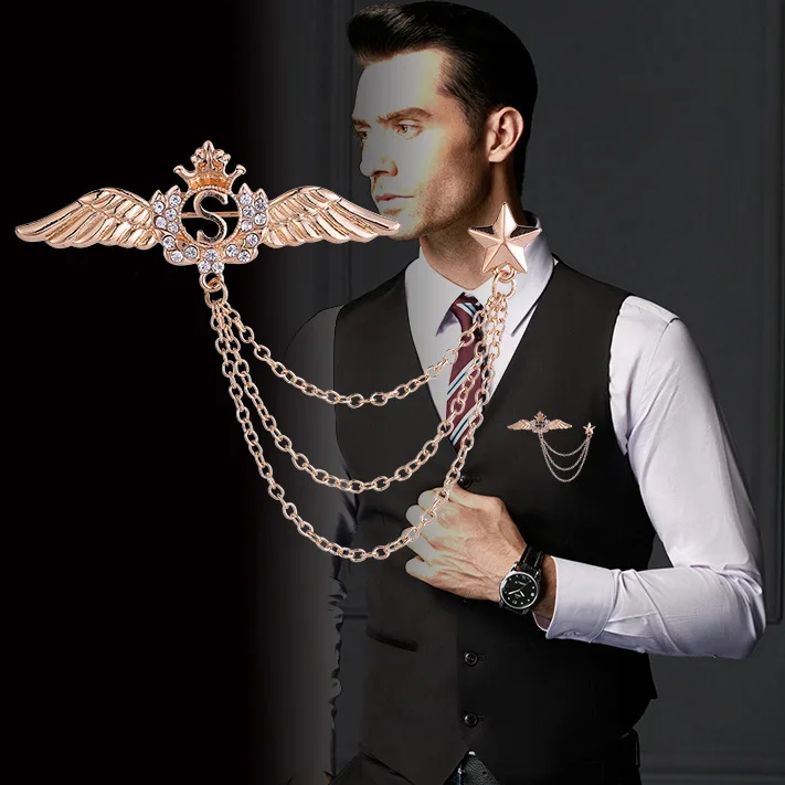 جديد الأزياء الذهب الكريستال الملاك أجنحة شرابة تاج الرجال بروش دعوى قميص دبابيس بروشيه التلبيب دبوس النساء الرجال هدايا اكسسوارات
