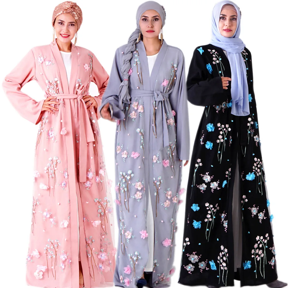 

Muslim Women Loose Robe 3D Flower Embroidery Handmade High Quality Chiffon Fairy Skirt Middle East Retro Noble Style Long Robe