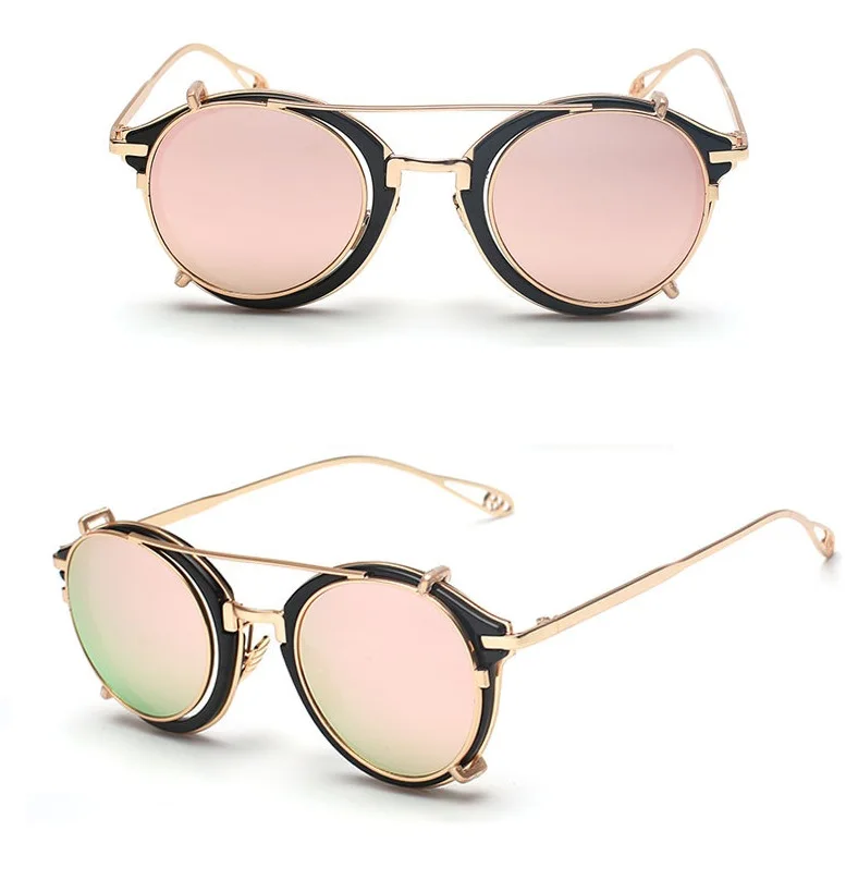 Cubojue, мужские и женские солнцезащитные очки на застежке, круглые зеркальные солнцезащитные очки в стиле стимпанк для мужчин, двойные линзы для близорукости, оптическая оправа, розовый, синий - Цвет линз: Розовый