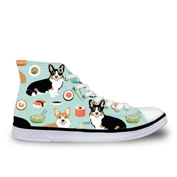 

Customized Cute Corgis Printing Women Vulcanize Shoes High top Canvas Sneakers Lace-up Flats Casual Walking Shoes Espadrilles
