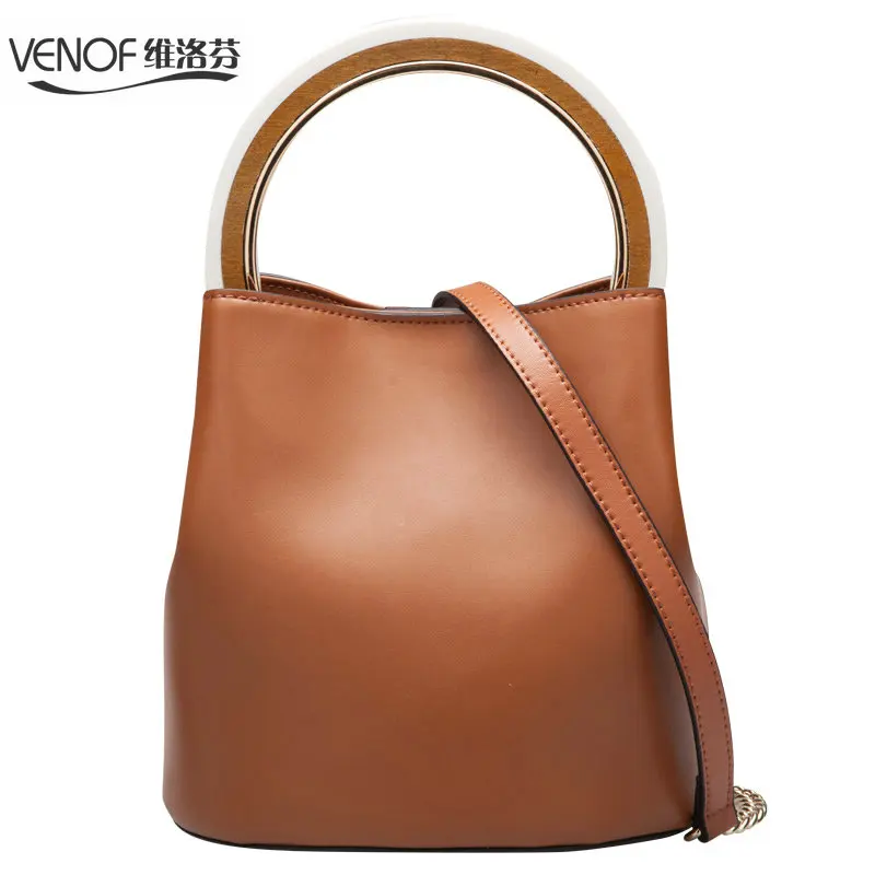 

VENOF 2018 fashion split leather handbag for women wooden handle mini bucket bag ladies Shoulder bag female chain Messenger Bag