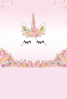 

Pink Flowers Gold Coins Unicorn Mask Face Baby Shower Background Vinyl cloth High quality Computer printed wall backdrops