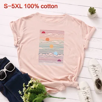 

Plus Size S-5XL 2019 New Sun Mountain Print T Shirt Women 100% Cotton O Neck Short Sleeve Summer T-Shirt Tops Casual T Shirts