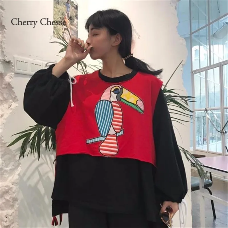 Cherry Chesse Harajuku из двух частей для женщин толстовки животных Latern рукавом Топы