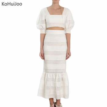 

KoHuiJoo 2019 Summer 2 pc Skirt Set Women Fashion Hollow Cotton Crop Tops+ Skirt Suit Ladies Sexy 2 piece Outfitss Streetwear
