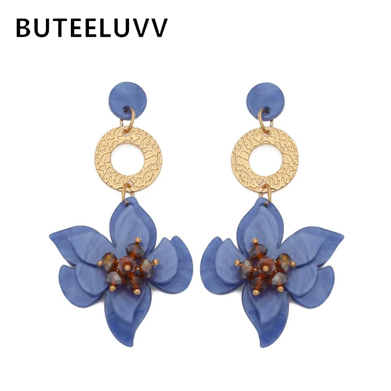 

BUTEELUVV Elegant Acrylic Flower Drop Earrings for Women Chic Multicolored Crystal Floral Stamen Resin Blossom Dangle Earrings