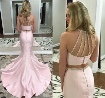 

2019 Sexy Pink Satin Two Piece Mermaid Prom Dresses Crystal Beaded Backless Evening Wear Long Party Gowns Homecoming Graduation